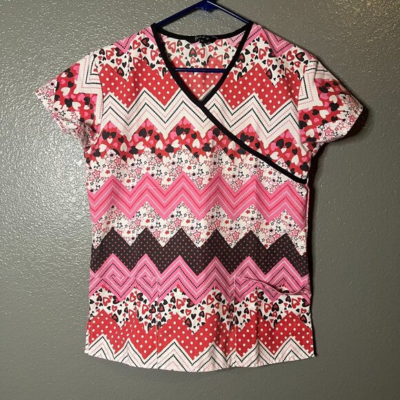 Just Love Hearts, Stars & Chevron Print Scrub Top - Size XS - Picture 1 of 4